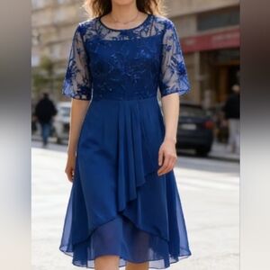 Elegant Royal Blue Lace Evening Dress.